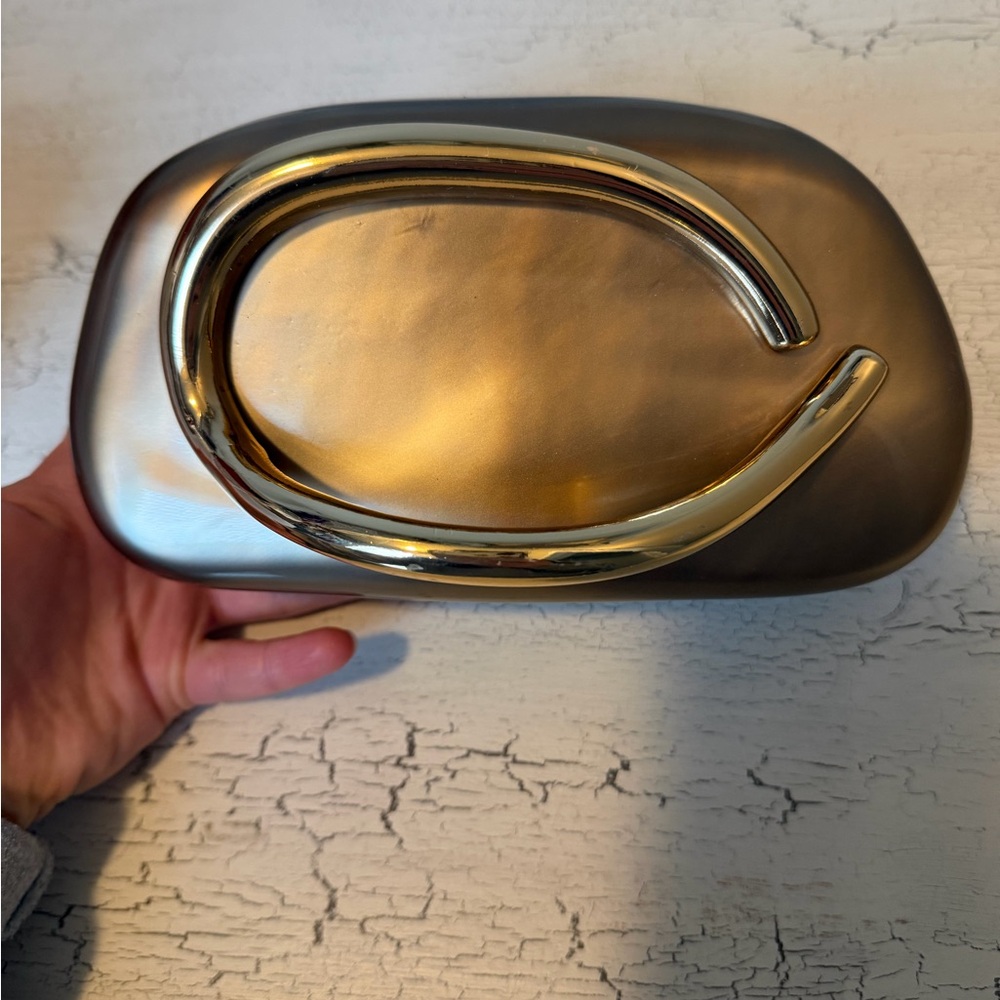 Sculptural Gold Accent Gunmetal Evening Clutch
